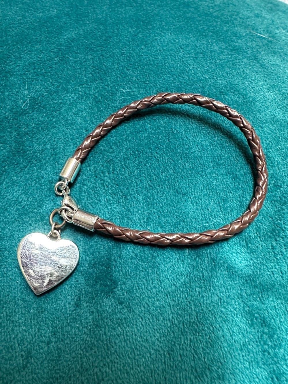 Nine West Brown Braided Leather Heart Charm Bracelet 7.25”
